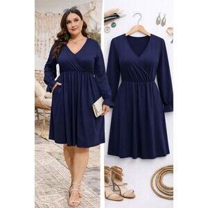 New Women's V-Neck Long Sleeve Dress with Pockets XL Navy Blue Casual Flowy